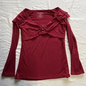 Y2K Free Line pink red long sleeve shirt with ruched henley overlay XL coquette